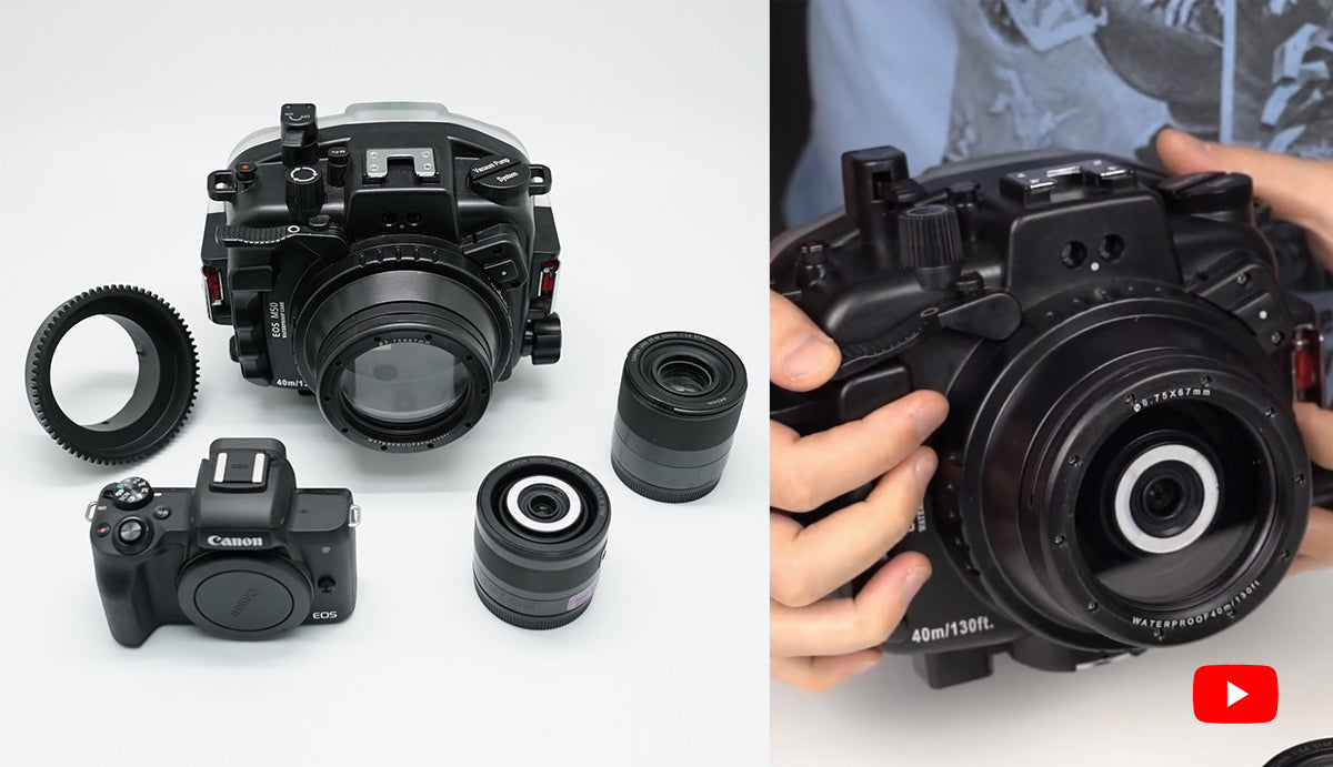 Canon EOS M50 / EOS Kiss M (28mm & 32mm) 40m/130ft Sea Frogs Underwater Camera Housing with 67mm threaded flat short port