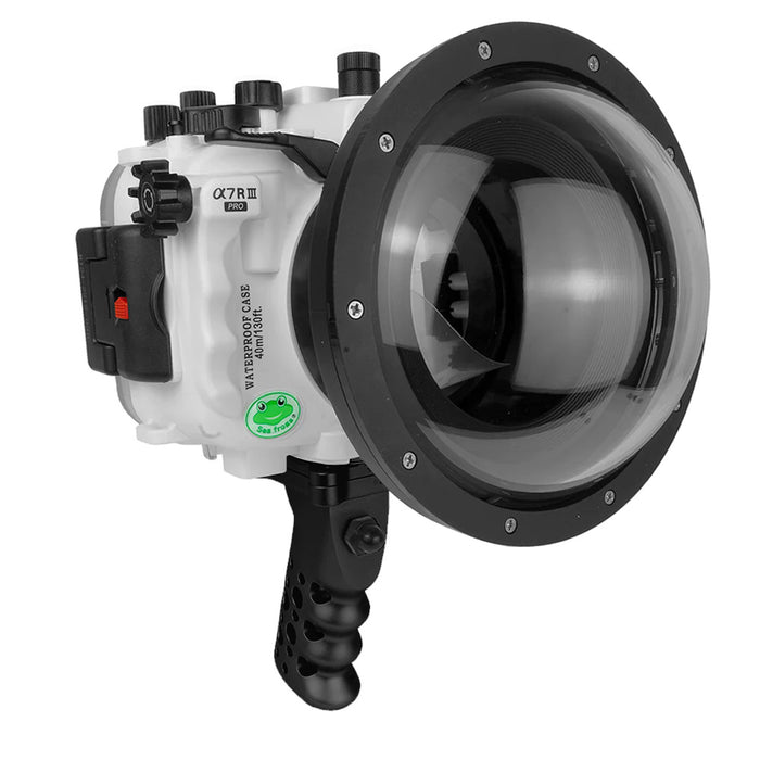 Sony A7 III V.3 Series UW camera housing with 6" Dome port & Aluminium Pistol Grip (Including Standard port) Zoom rings for FE12-24 F4 and FE16-35 F4 ZA OSS included. White - Surf