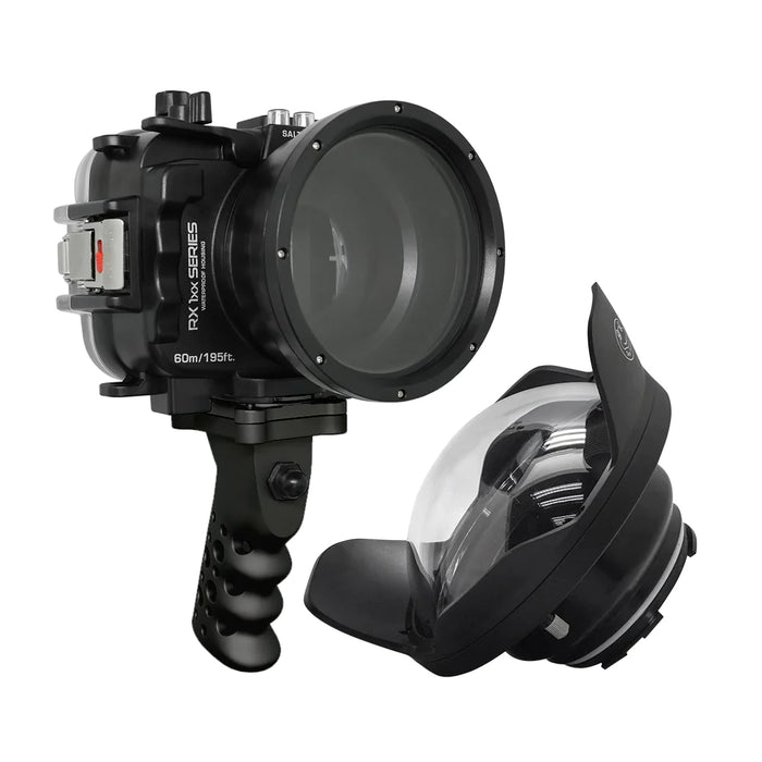 60M/195FT Waterproof housing for Sony RX1xx series Salted Line with Aluminium Pistol Grip & 6" Optical Glass Dry Dome Port (Black)
