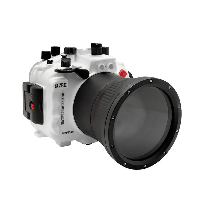 Sony A7R III V.3 Series 40M/130FT Underwater camera housing (Flat Long port) Focus gear for FE 90mm / Sigma 35mm included. White