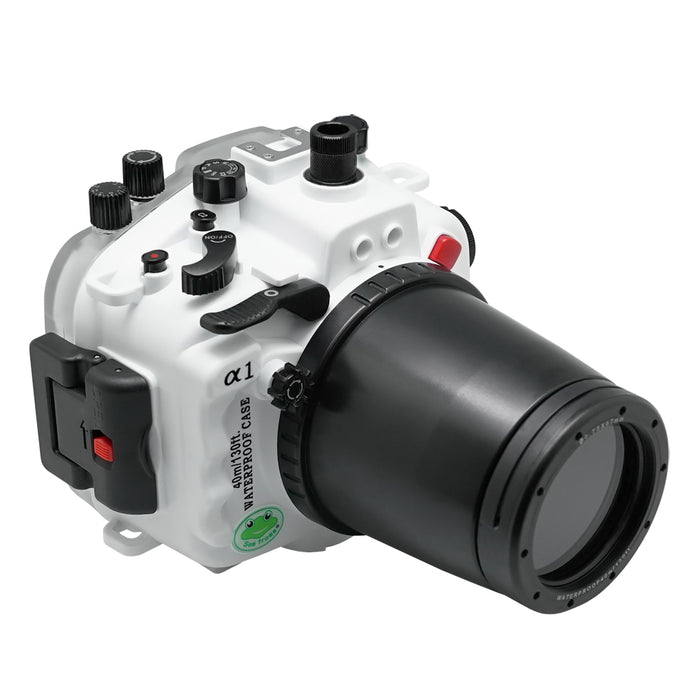 Sony A1 40M/130FT Underwater camera housing with 67mm threaded flat port for FE 90mm macro lens (focus gear included) and standard port bundle.